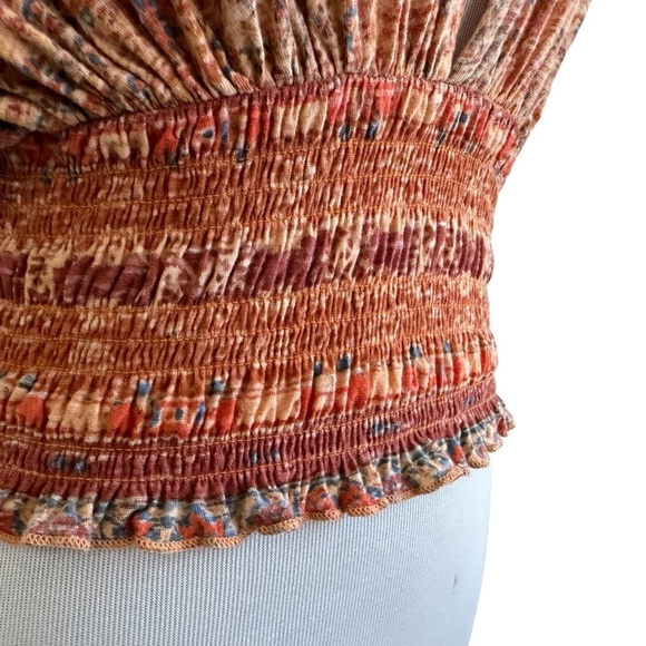 Free People Womens Next Vacation Top Smocked V-Neck Blouse Sz Small Multicolor - Picture 4 of 12